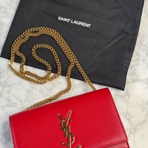 Saint Laurent MEDIUM Red Leather Chain Crossbody with Gold YSL